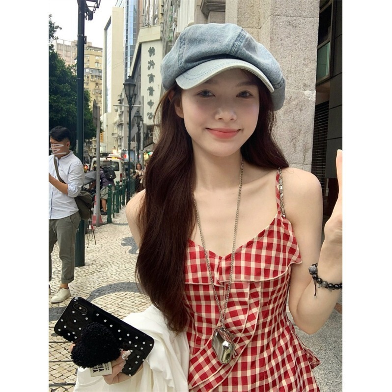 French Style Hot Girl Red Plaid Camisole Women's Summer Ruffled Irregular Seaside Vacation Top for Outer Wear