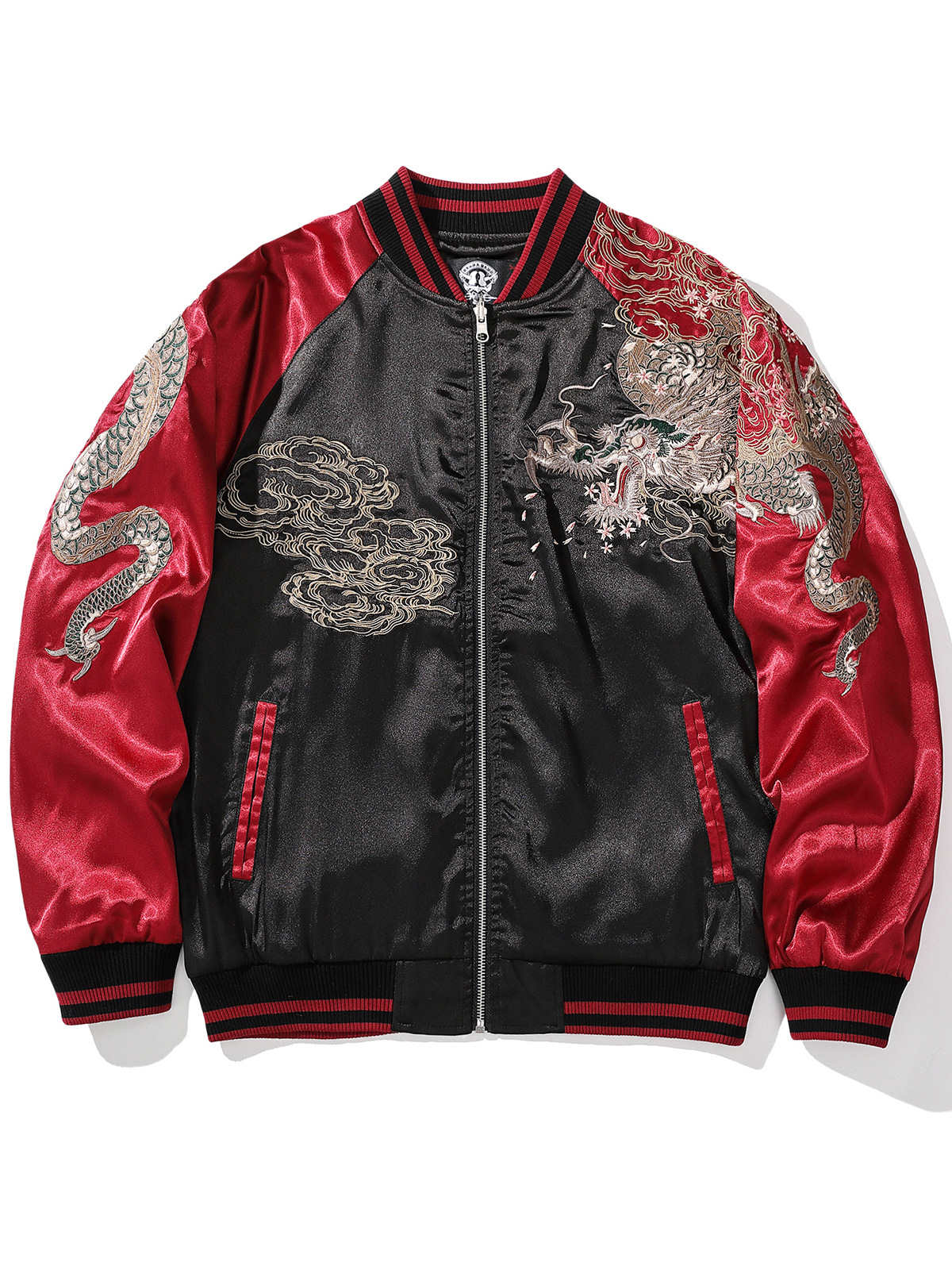 華夏君品中国風国潮重工刺繍龍ジャケットメンズファッションカジュアル龍柄野球服A013