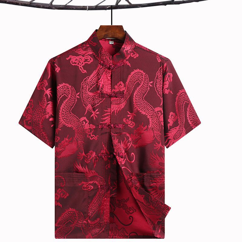 Summer Tang Men's Short-sleeved Top Middle-aged and Elderly Chinese Silk Ethnic Costume plus size Shirt with Buckle for Grandpa