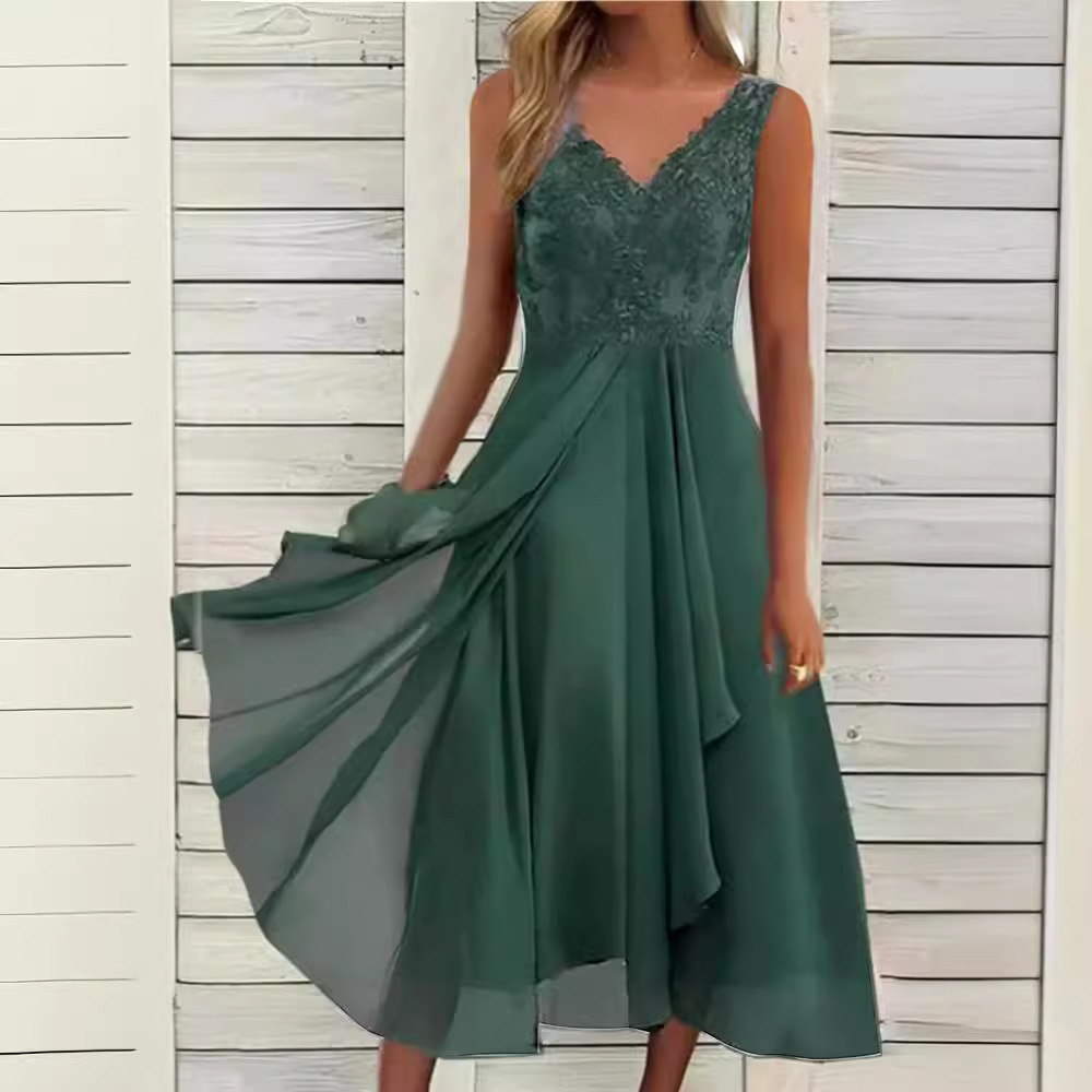 ヨーロッパの国境を越えたアマゾンのワンピースのシフォンはレースの透かし彫りの女性の長いスカートの花嫁のドレスの袖なしをつなぎ合わせます。
