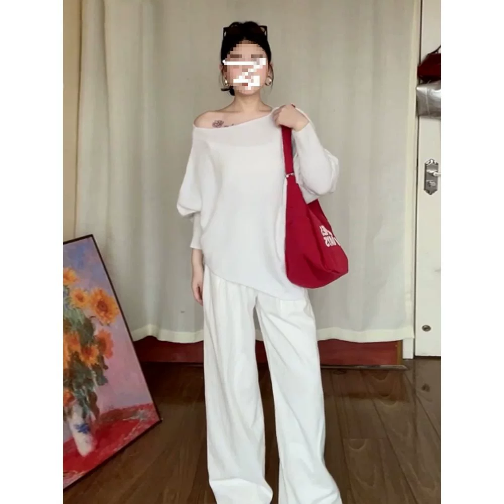 Женский костюм из трикотажа с асимметричными рукавами-крыльями, белый трикотаж, осень-зима 2025, новинка, топ и юбка