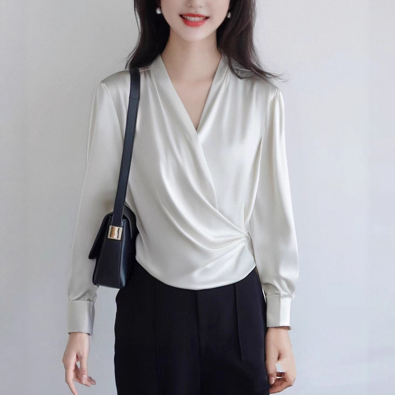 High-End Commuter Pleated Smart Mulberry Silk V Neck Shirt for Women Autum Wrap Silk Stretch Satin Elegant Top