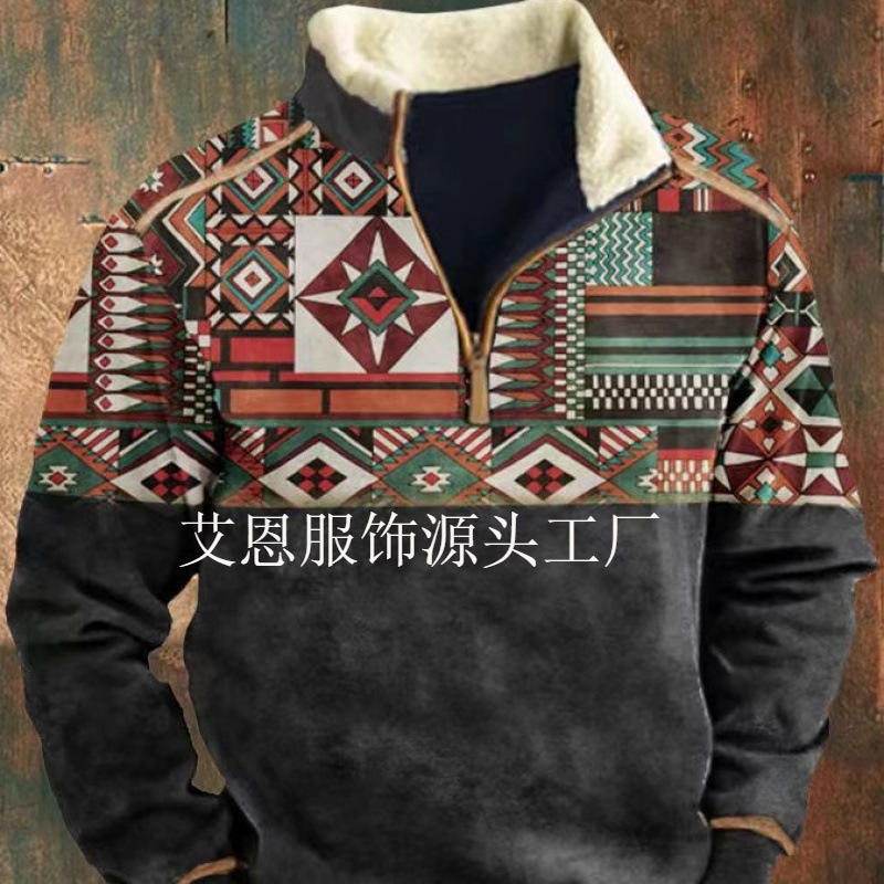 Spring and autumn men's long-sleeved half-zip printed casual fashion European and American trendy jacket suitable for going out