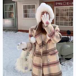 ZM8242026春秋宽松西装领温柔呢子大衣女设计感格子毛呢中长款外