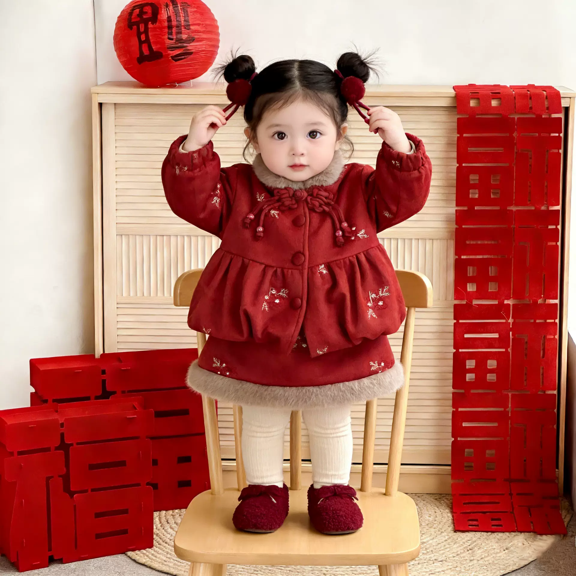 女宝宝新年红色拜年服套装冬季婴儿汉服唐装棉服半身裙保暖两件套