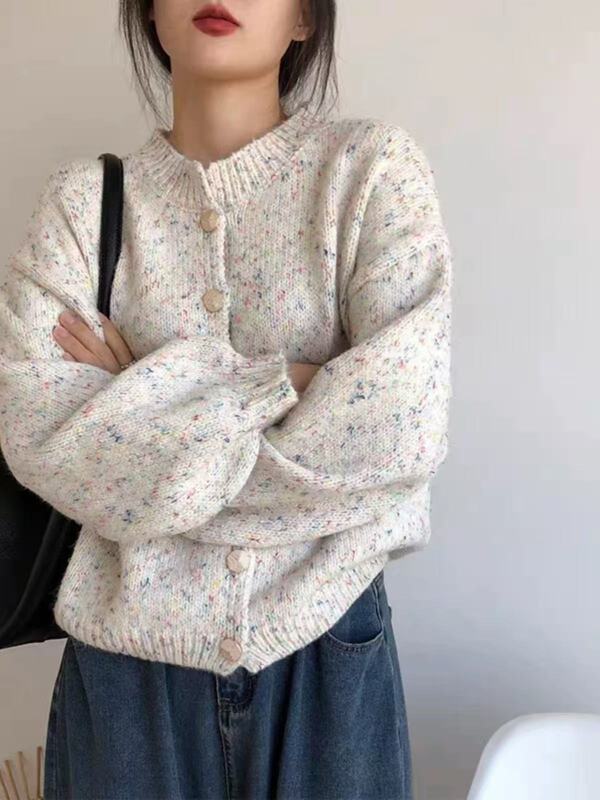韓国の優しいスタイルのドットラウンドネックニットカーディガン女性のための 2023 新しい秋ルーズレイジースタイルセータージャケット|undefined