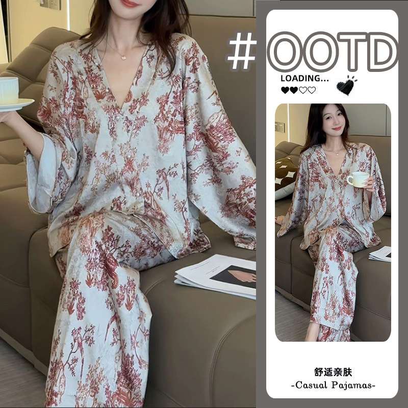 春夏季新款冰丝睡衣轻奢植物花奔高级感和服款宽松长袖家居服套装