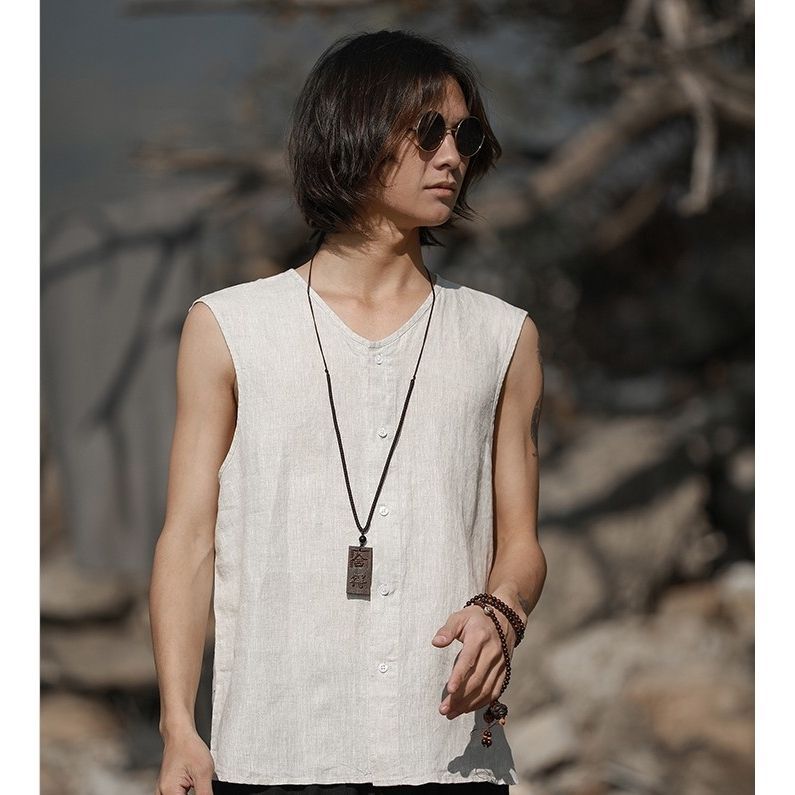 Verano estilo chino Chaleco de los hombres chaleco Lino estilo retro hanfu estilo chino hebilla con cuello en V chaleco algodón Lino Tang traje hombres