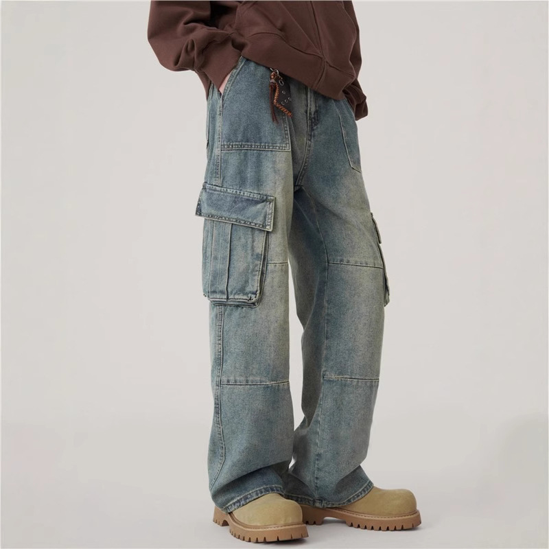 Multi-Pocket Cargo Wide-Leg Jeans for Men, Autumn American Retro Vibe Pants, Straight-Leg Patchwork Wide-Leg Versatile Pants