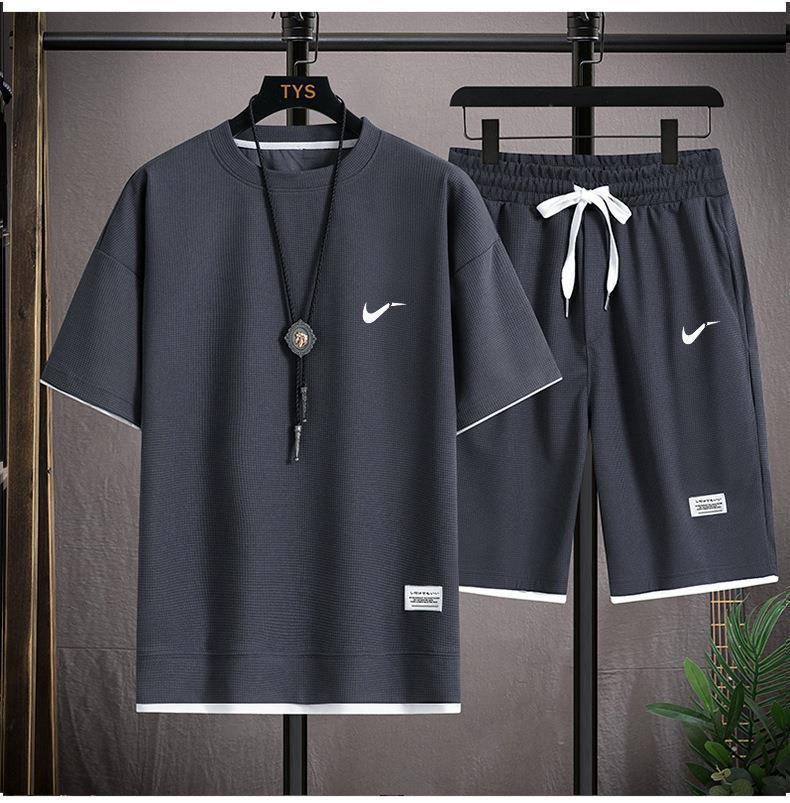 Waffe T-Shirt Hong Kong Style Men's Fake Two-piece suit Couple's Loose Fashionable plus size Pants Outdoor Casual