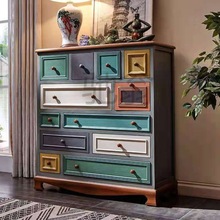 joi美式斗櫃實木卧室復古彩繪多抽屜儲物櫃歐式客廳多功能收