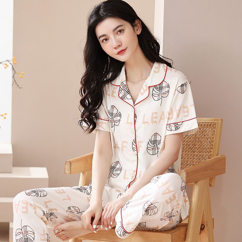 Nuevos pijamas de verano de las mujeres pantalones de manga corta 100% algodón Delgado solapa casual de las mujeres mamá ropa de casa traje de verano