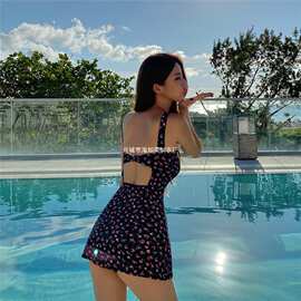 源头工厂碎花连体泳衣女 韩版法式桔梗风温泉泳装女比基尼bikini