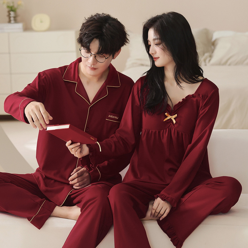 Pure Cotton Red Pajamas for Women, Wedding Newlyweds Couple Suits, Autumn and Winter Bridal Men's and Women's Cotton Home Clothes