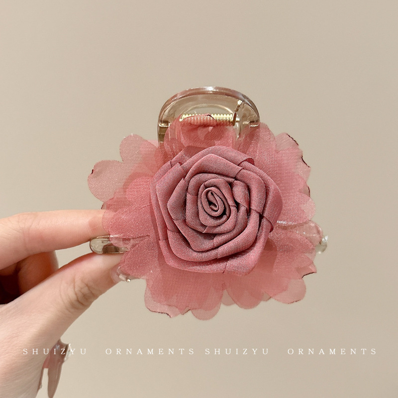 Pinza para el cabello de flor rosa para mujer 2025 nuevo clip de agarre para el cabello con placa posterior de la cabeza grande clip de tiburón de flor para la cabeza horquilla