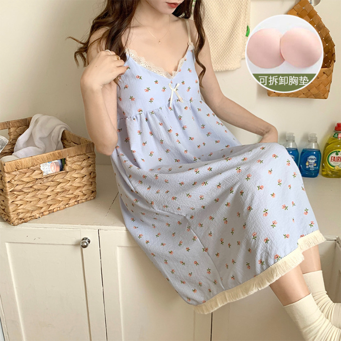 Verano desmontable Camisón con almohadilla en el pecho de las mujeres dulce lindo Sling tejido burbuja algodón vestir prendas exteriores homewear