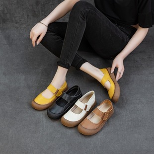 Spring and Autumn New Style Shallow Mouth Women's Shoes Flat Heel Soft Sole Loose First Layer Cowhide Plaid Casual Casual Artistic Lazy Shoes