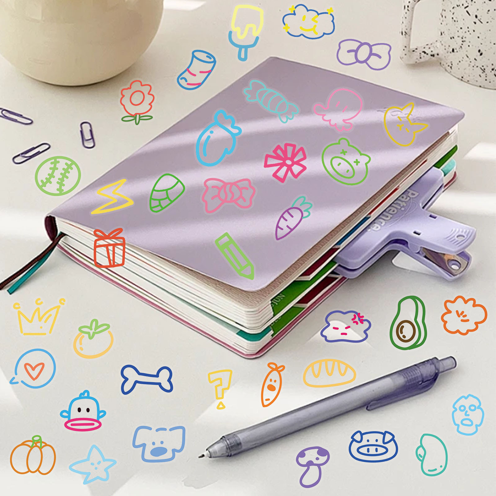 60 paquetes de pegatinas de elementos pequeños de dopamina, PET transparente, bolígrafo simple fresco, material de cuenta manual, funda decorativa para teléfono móvil