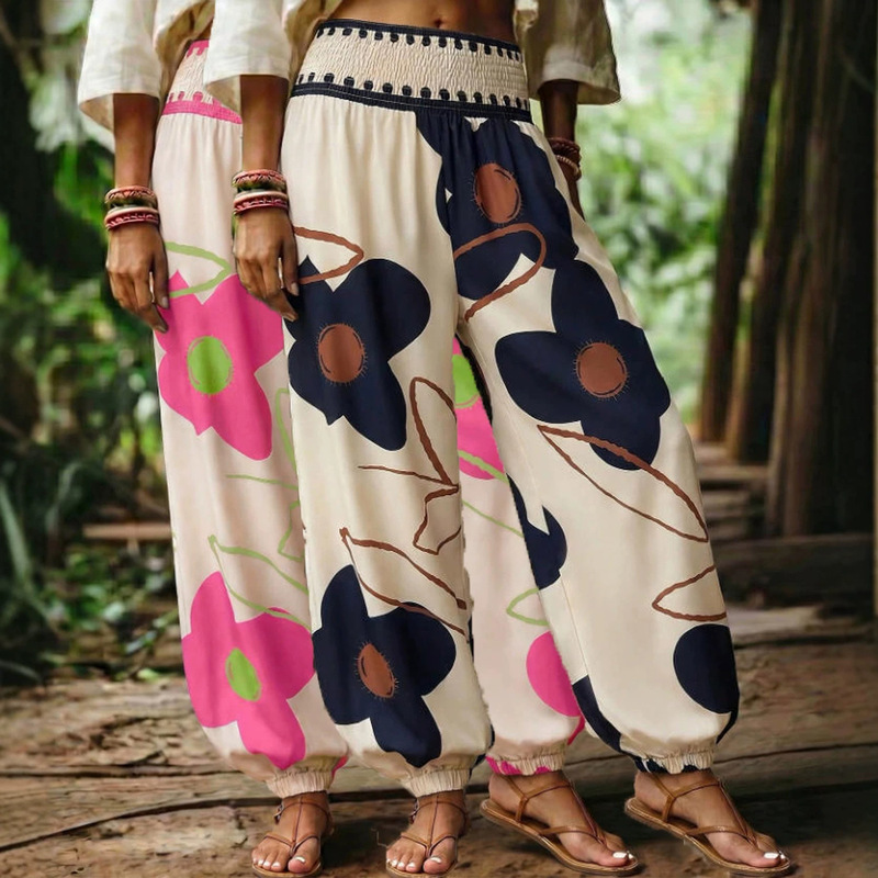 2026 new cross-border printed lantern pants for women, loose fit, plus size, casual pants with elastic waistband and ankle cuffs, ethnic style