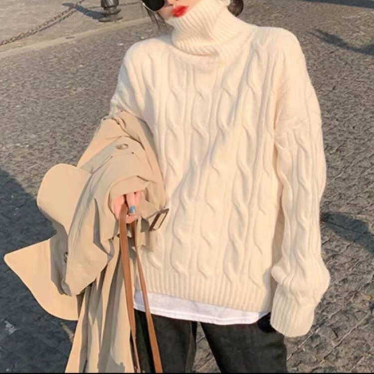 Cross-border women's turtleneck sweater, 2026 autumn new style, loose thick cable-knit sweater, casual style solid color base shirt for women