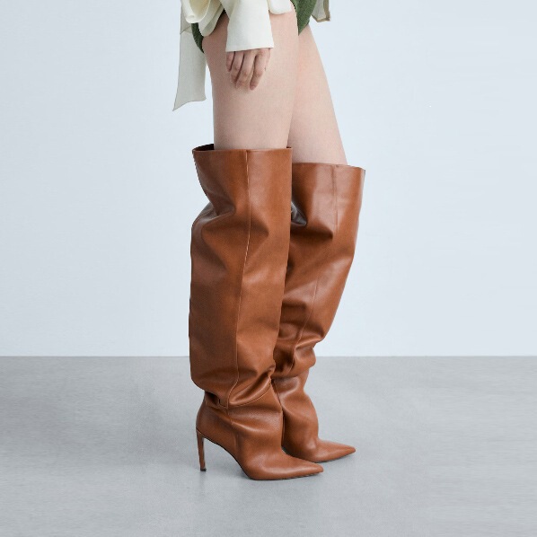 European and American Style Pointed Toe Tapered Heel Ruched Slouchy Boots, Slimming Effect, Large Size 46, High-Heeled Knee-High Boots for Women
