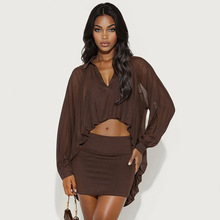 欧美跨境秋冬新款女装纯色舒适休闲长袖上衣网眼泡泡摆衬衫裙套装