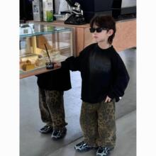 男童2025春秋新款韩版儿童豹纹复古牛仔宽松百搭裤儿童洋气套装潮