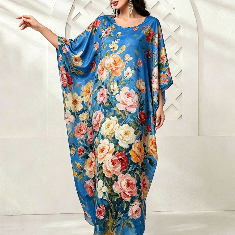 Royal Blue Oil Painting Floral Batwing Sleeve Kaftan Robe, Bohemian Beach Vacation Loose Long Dress Royal Blue Oil Painting Floral Batwing Sleeve Kaftan Robe, Bohemian Beach Vacation Loose Long Dress