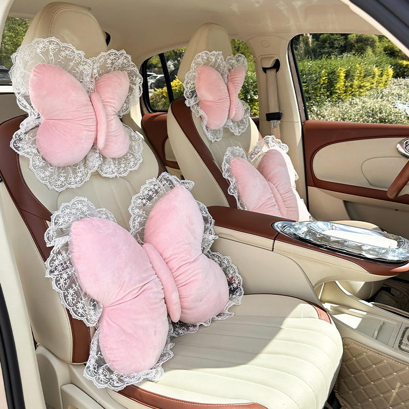 2026 New Car Accessories Plush Butterfly Headrest and Lumbar Support Pink Headrest and Lumbar Support
