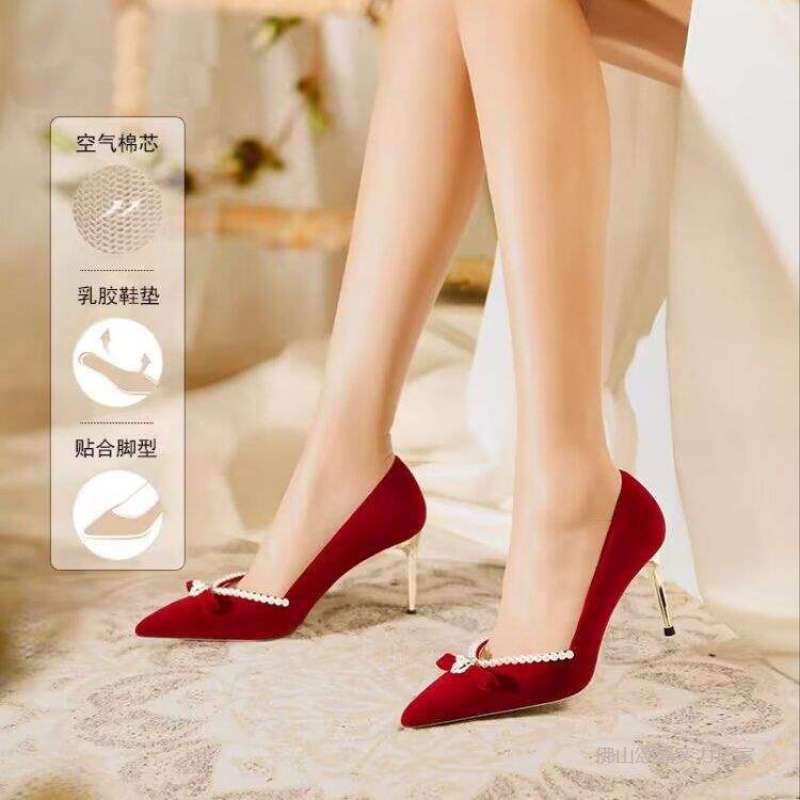 Beautiful Wedding Shoes for Women 2025 New Autum Bridal Shoes Red High Heels Thick Heel Flats Not Tiring Feet Xiuhe Shoes