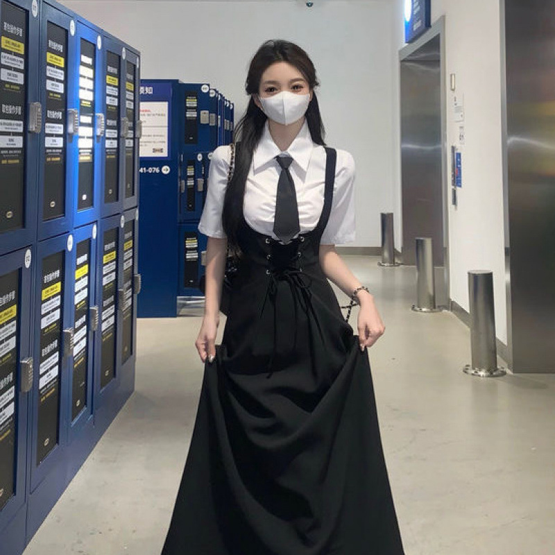 束腰绑带收腰显瘦背带裙套装大码女装高级感衬衫胖mm背带裙两件套|undefined