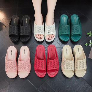 Mesh Wedge-Heeled Plastic Outer Wear Sandals, Non-Slip Thick-Soled Heightening Seaside Slippers, Home Platform Slippers, Women's Sandals