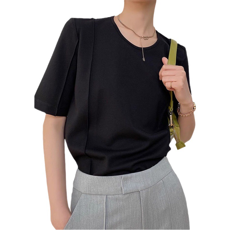 現物メーカー卸売り白いtシャツ女性中袖涼しい黒半袖デザイン感丸襟五分袖上着