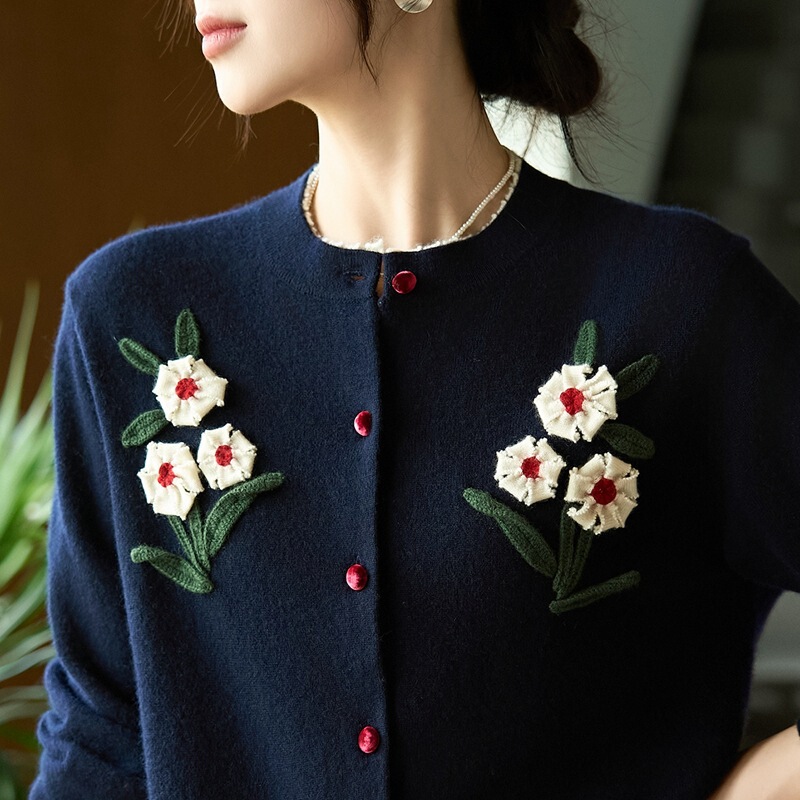 重磅手工刺绣纯羊毛开衫女圆领拼色花朵毛衣宽松羊绒针织外套|undefined