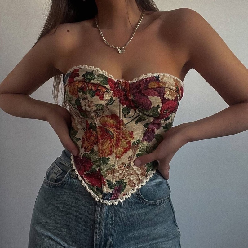 Cross-Border Foreign Trade Street Retro Jacquard Wrap Chest Lace-Up French Niche Fishbone Corset Slimming Vest