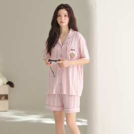 夏季新款莫棉女士短袖短裤开衫翻领睡衣卡通休闲女家居服图片色