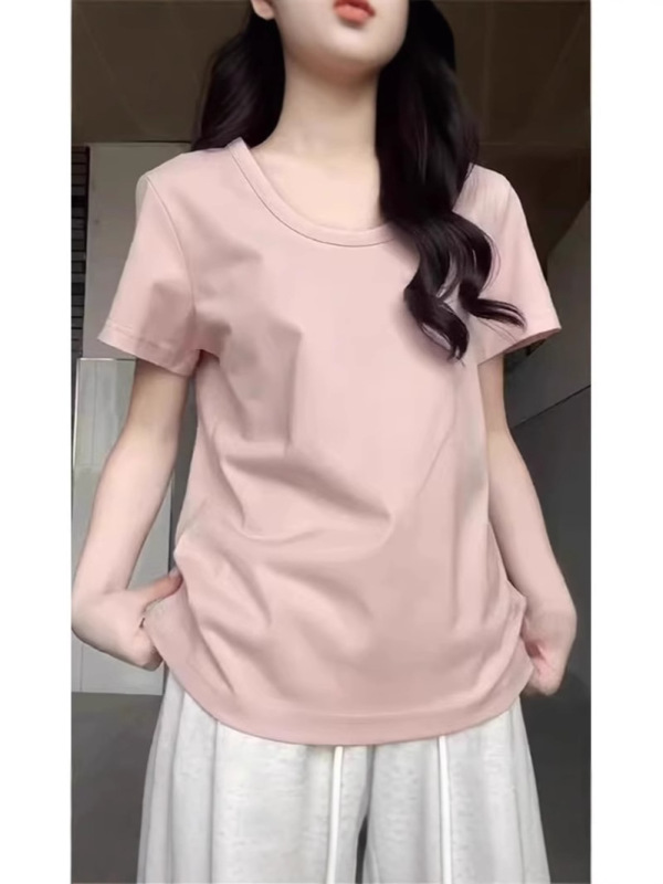 ピンクのU襟の幅の松の肩の半袖のtシャツの女性の夏の2025新型の怠惰なカジュアルな純色の半袖のtシャツの上着|undefined