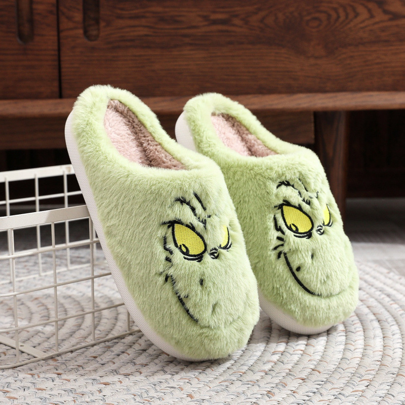 Cross-Border Popular Christmas Cotton Slippers for Men and Women, Green-Haired Monster Grinch, Winter Warm Indoor Fur Slippers