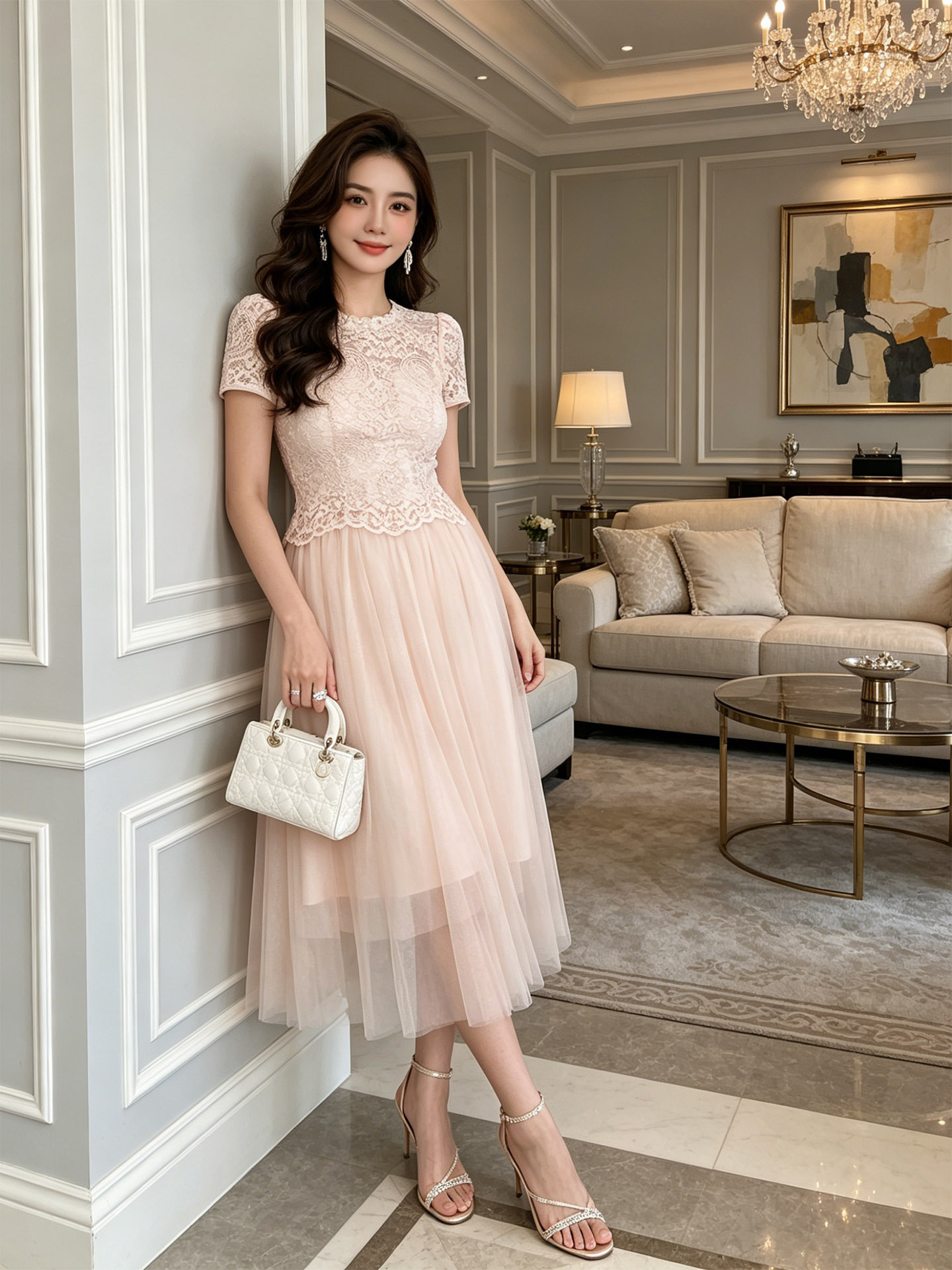 Đầm ren lưới phối cổ tròn đính đá, eo ôm nhẹ, dáng midi thanh lịch — Thịt hồng