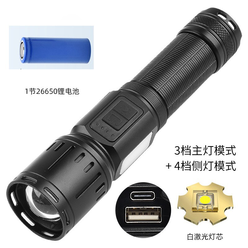 Linterna láser blanco dedicado transfronterizo TYPE-C recargable con luz de trabajo COB zoom telescópico linterna de luz fuerte