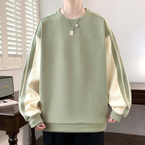 Couple's Hong Kong style splicing three-bar pull-up round collar sweater men's spring and autumn new style fashion brand all-matching loose base