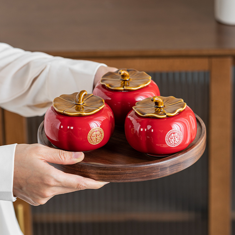 新中式喜糖罐柿子小号中号陶瓷罐密封罐婚庆礼品礼盒批发摆件送礼