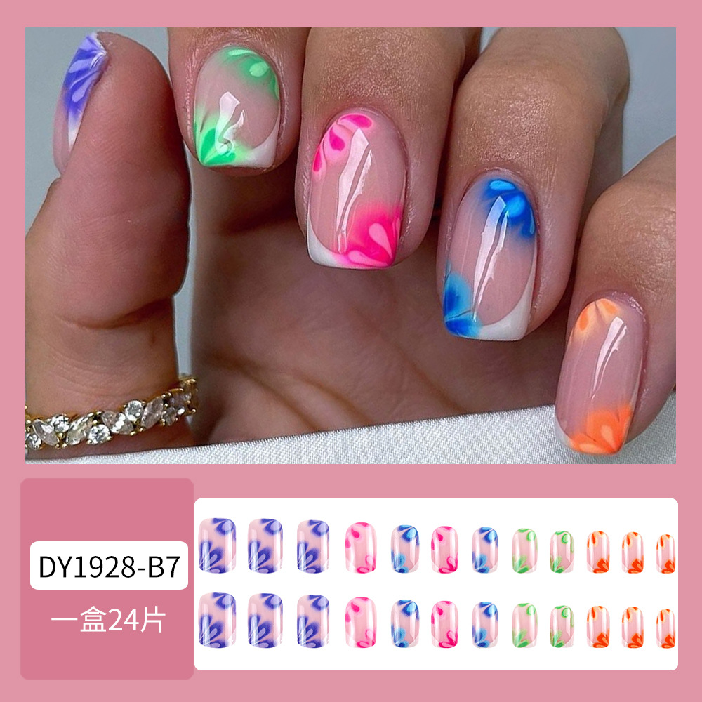 Flores coloridas de manicure francesa parche de uñas gradiente productos terminados al por mayor Europa y América hot girls wear uña image 7