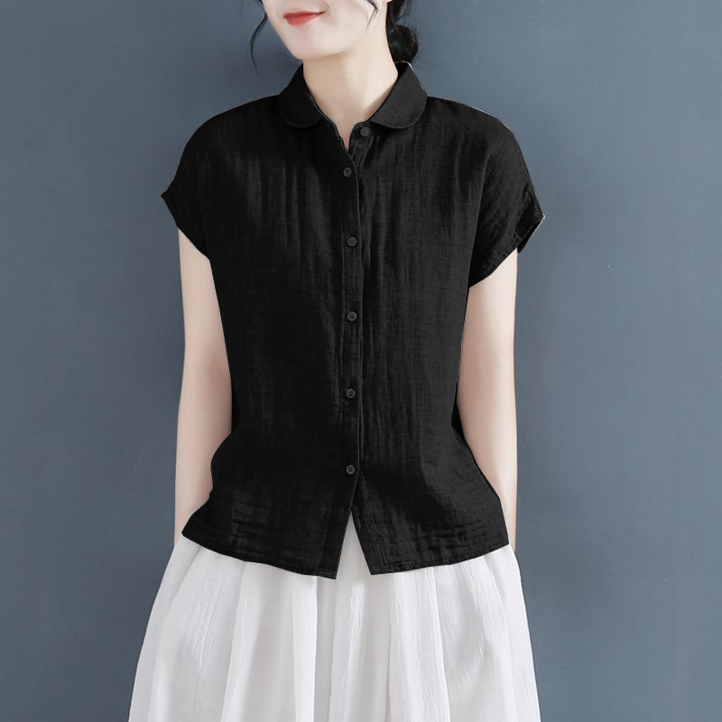 Cotton and Linen Shirt Women's Sleeveless Top Summer Literary Casual Large Size Fashionable Solid Color Versatile Short-Sleeved Shirt