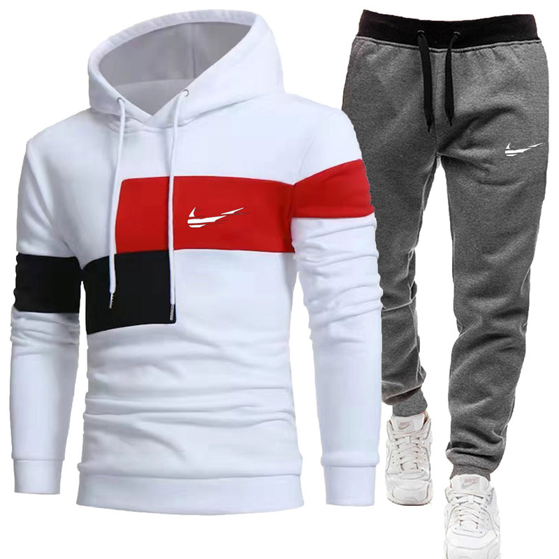 Men's Color-Block Printed Fleece Sweatshirt Set, Casual Thickened Drawstring Long-Sleeve Hoodie with Pants Men's Color-Block Printed Fleece Sweatshirt Set, Casual Thickened Drawstring Long-Sleeve Hoodie with Pants