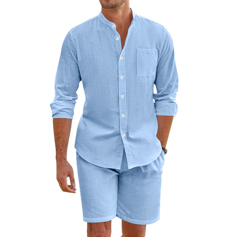 2026 Amazon hombre de verano dos piezas camisa de botón de lino manga larga pantalones cortos cardigan traje de playa casual