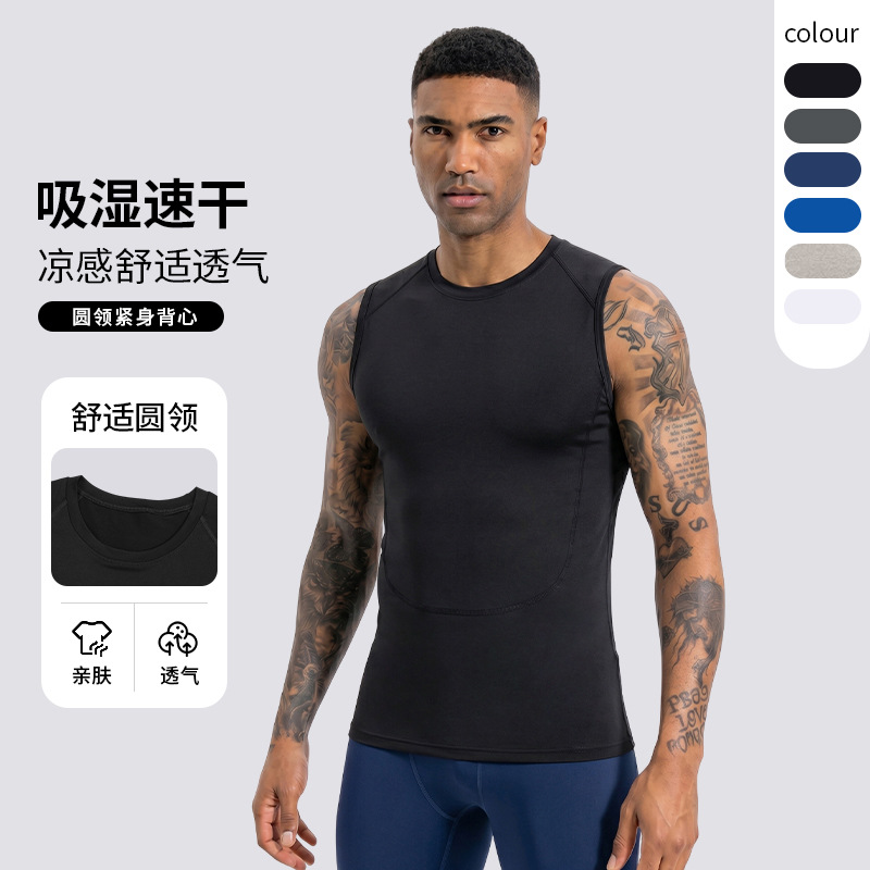 Trajes de maratón transpirables negros de baloncesto camiseta deportiva de cuello redondo en el hombro con chaleco de acondicionamiento físico de secado rápido para hombres