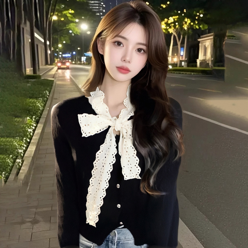 AI Figure in stock Bow New Year Red Sweater Cardigan Women's Autumn and Winter High-end Short Inner Knitted Top