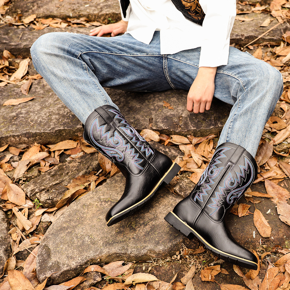 Cizme de cowboy western înalte, brodate, vintage, cu cap lat, pentru bărbați_voghion.com