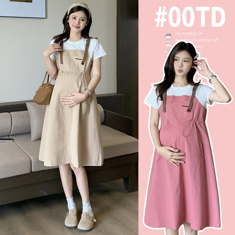 Maternity Fashion Korean Style Loose 2025 Summer Western Style Cotton Splicing Fake Two-Piece Maternity Dress Maternity Fashion Korean Style Loose 2025 Summer Western Style Cotton Splicing Fake Two-Piece Maternity Dress